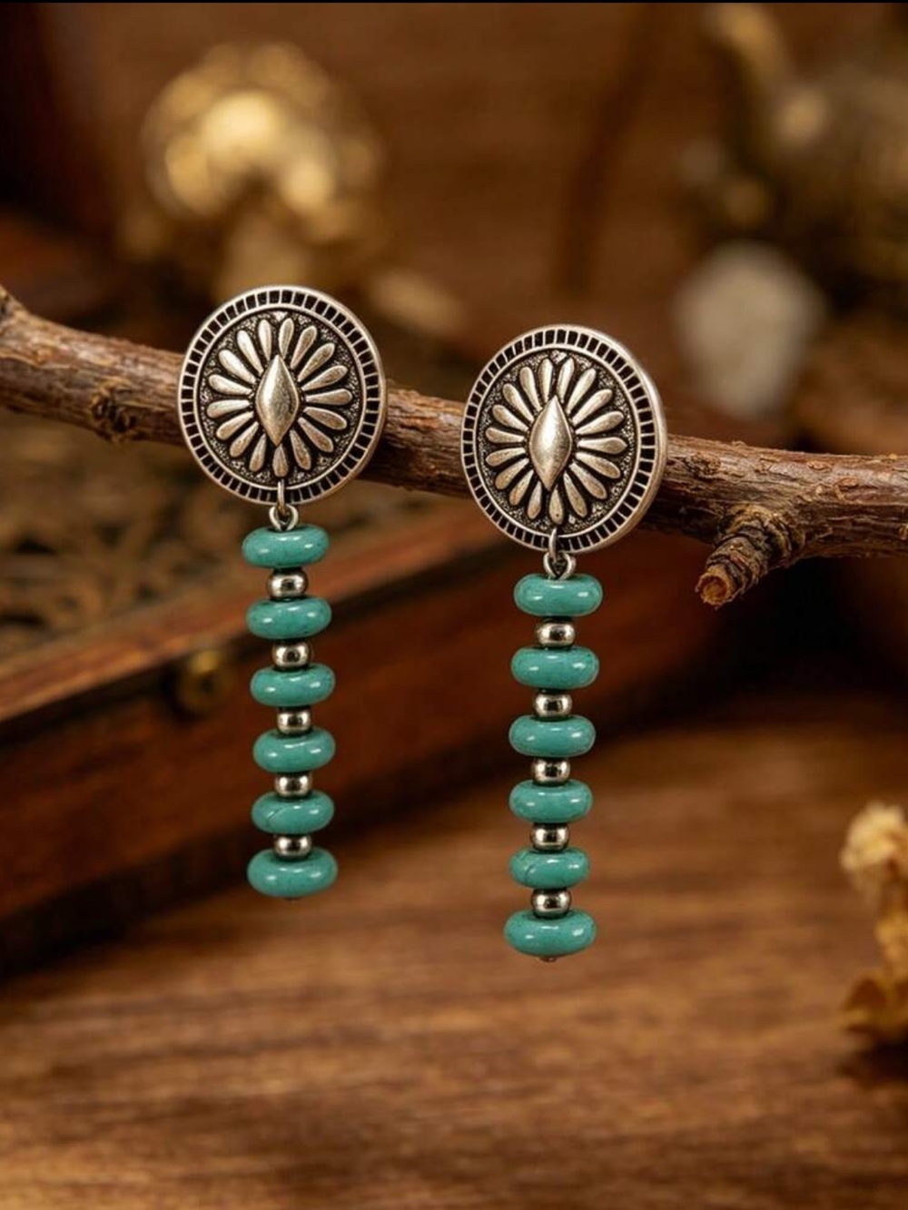 Turquoise Color Beaded Dangle Earrings with Antique Silver Medallion